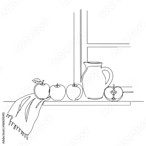 Still life with apples and pitcher on windowsill in minimal style, transparent background  