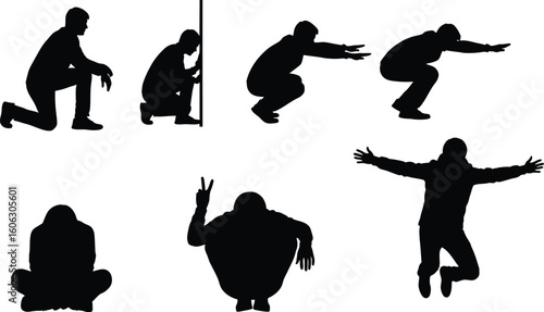 Vector art of silhouettes of people in various poses, including squatting, kneeling, jumping, and meditating 