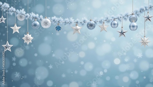 Elegant Winter Holiday Decorations Against a Light Blue Background. A beautiful, winter-themed image featuring a string of festive decorations, including stars and glass ornaments in light blue.
