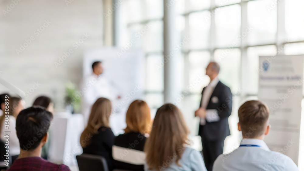Obraz premium Indian Insurance Seminar Blur: Professionals attending a health insurance awareness session, blurred to suggest activity and networking. 