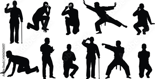 Vector art of silhouettes of people walking with a cane, practicing martial arts, reading, and crawling 