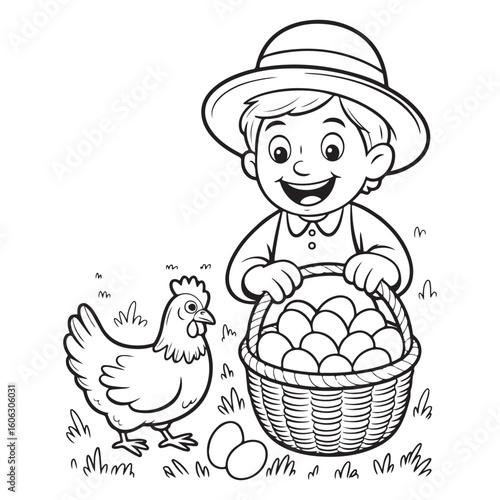 Boy with basket of eggs and chicken outline illustration