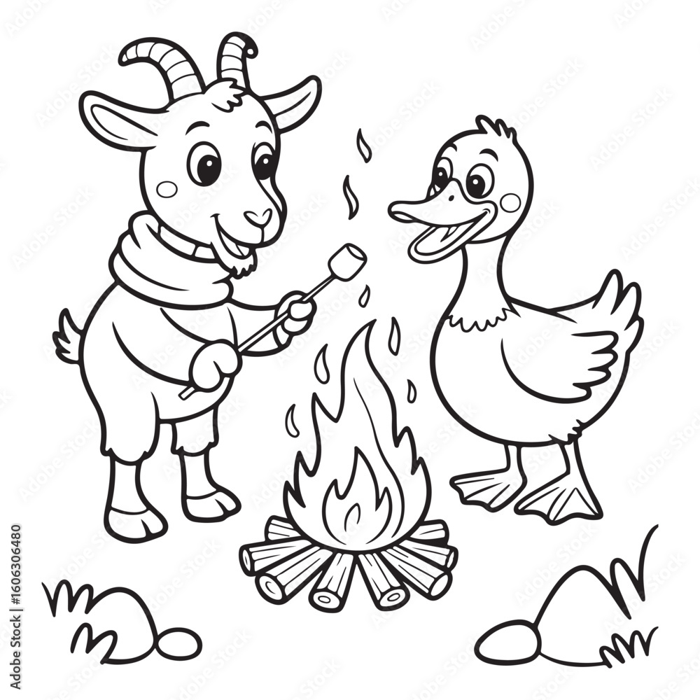 Fototapeta premium Goat and duck roasting marshmallow by campfire outline