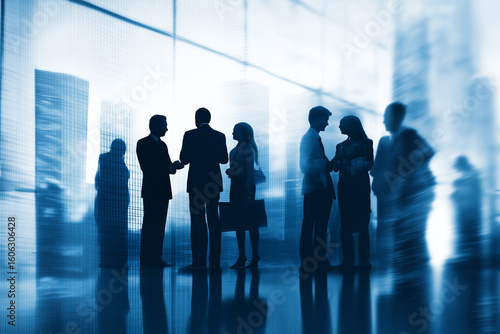 Silhouettes of professionals chatting in front of office buildings, with a blue and white tone reflecting corporate interaction and a modern business environment.