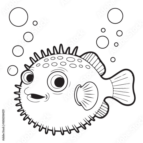 Cartoon pufferfish with bubbles in black and white outline