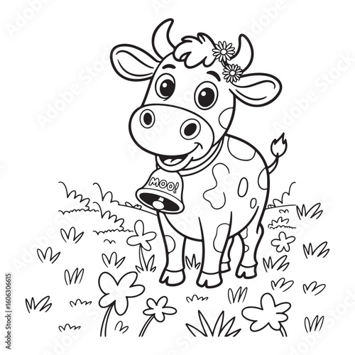 Cartoon cow with flowers and bell in a field line drawing
