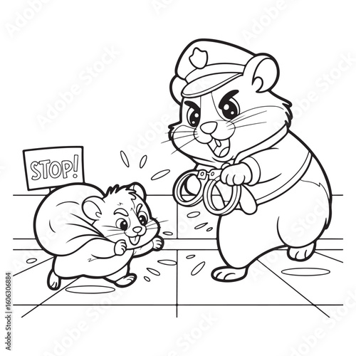 Cartoon hamster police arresting a thief in black and white
