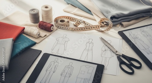 Fashion designer's desk with sketches, fabrics, and tools for garment creation