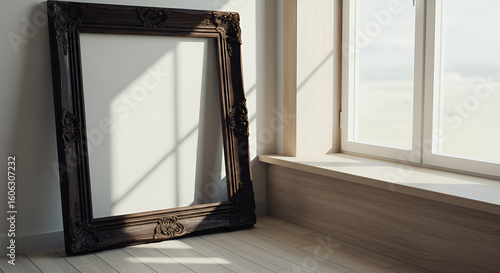 Empty ornate frame in a bright room