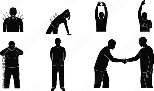 Vector art of silhouettes of people standing, stretching, and shaking hands 