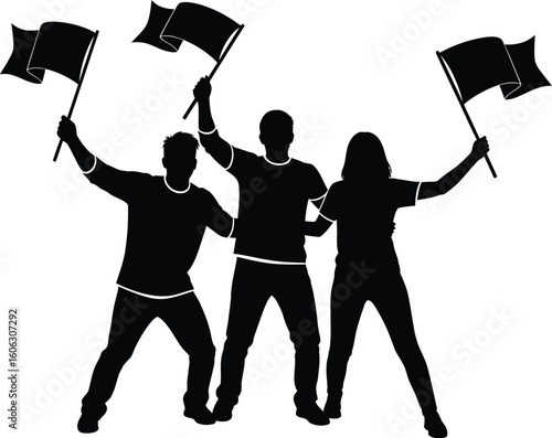 Vector art of a silhouette of a group of people holding flags in celebration