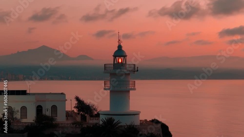 Beautiful lighthouse on the Mediterranean Sea with mountains on background shot on sunrise