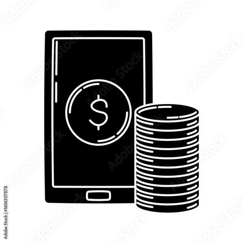 Mobile Payment Glyph Icon, smartphone screen with coin icon and stacks, great for fintech, digital banking, or online payment designs.