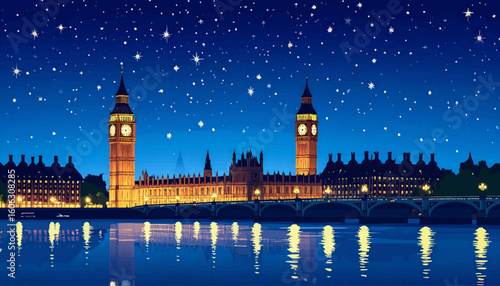 Big Ben with starry night over Thames River. London skyline at night with stars and moon. Big Ben illuminated under the starry sky. Night view of Big Ben with glowing river lights