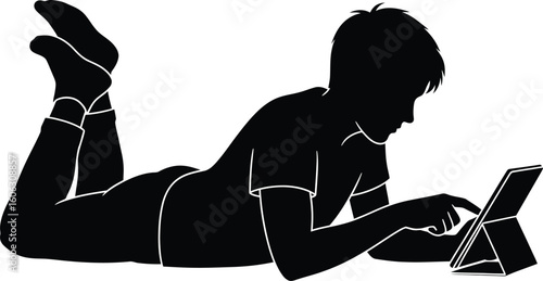 Vector art of a silhouette of a boy lying down while using a tablet