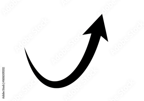 A black curved arrow pointing upwards and to the right symbolizing growth and positive direction on a transparent background