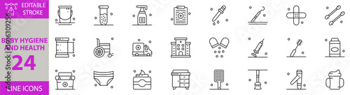 Baby Hygiene and Health Icon Set – Editable Vector Illustrations for Infant Care, Cleanliness, Safety, Wellness, Diapering, Bathing, Nutrition, and Pediatric Health