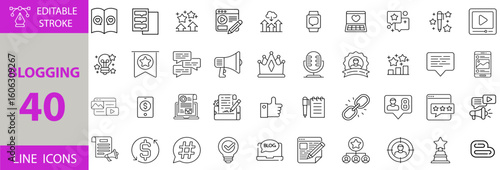 Blogging Icon Set – Editable Vector Illustrations for Content Creation, Writing, Social Media, SEO, Digital Marketing, Audience Engagement, and Online Publishing