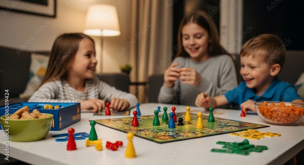 Fototapeta premium Happy Family Time: Children Enjoying a Board Game Together at Home in the Evening