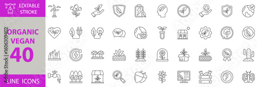 Organic Vegan Icon Set – Editable Vector Illustrations for Plant-Based Food, Eco-Friendly Lifestyle, Natural Products, Vegan Diet, Organic Farming, and Healthy Green Living Concepts