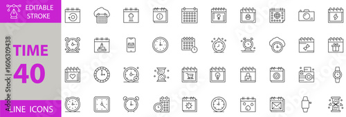 Time and Clock Icon Set – Editable Vector Illustrations for Time Management, Schedule, Alarm, Stopwatch, Timer, Calendar, Deadline, Productivity Tools, and Planning Concepts