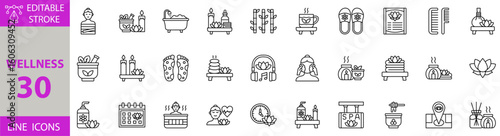 Wellness and Self-Care Icon Set – Editable Vector Illustrations for Spa, Meditation, Yoga, Mental Health, Relaxation, Natural Healing, Beauty, and Holistic Lifestyle Concepts