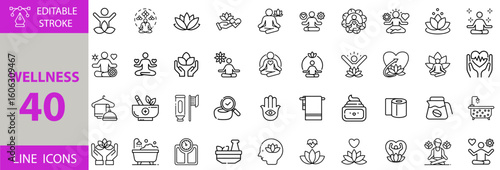 Wellness and Self-Care Icon Set – Editable Vector Illustrations for Spa, Meditation, Mental Health, Yoga, Relaxation, Natural Healing, Beauty, and Holistic Lifestyle Concepts