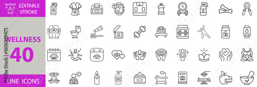 Wellness and Self-Care Icon Set – Editable Vector Illustrations for Spa, Meditation, Mental Health, Relaxation, Yoga, Natural Healing, Body Care, and Holistic Lifestyle Concepts