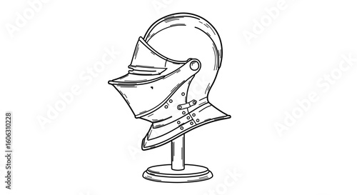 Detailed line art drawing of a knight helmet for medieval history enthusiasts and armor collectors alike