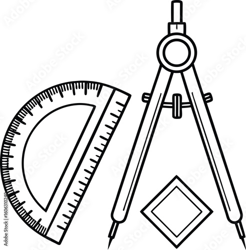 Geometric drawing tools compass protractor square and ruler