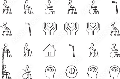 People with mobility aids and medical icons person