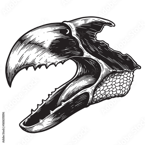 Ancient fossilized creature jawbone with sharp teeth and scales prehistoric