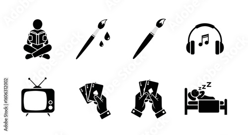 Simple black and white icons representing various leisure activities and relaxation.