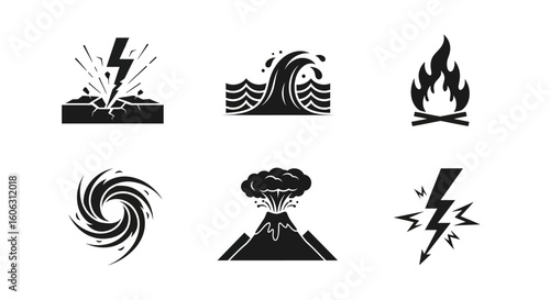 Six black and white icons representing natural disasters, including lightning, tsunami, fire, tornado, volcano.