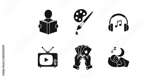 Collection of various black and white icons representing leisure activities and hobbies.