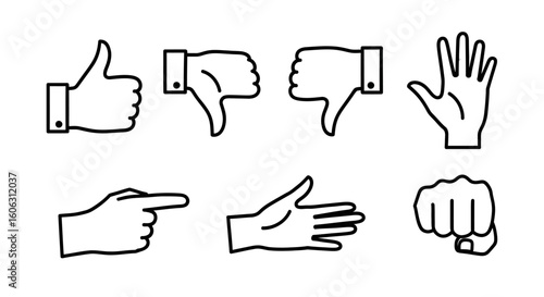 Collection of simple hand gesture line icons: thumbs up, thumbs down, pointing, open palm, and fist.