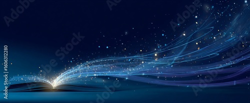 A dynamic light beam shines from above, as if coming out of an open book. Blue background with futuristic elements.