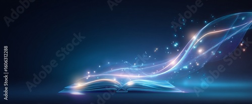 A dynamic light beam shines from above, as if coming out of an open book. Blue background with futuristic elements.