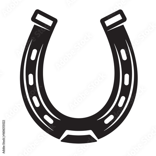 Black horseshoe with nail holes and vintage art style metal equestrian