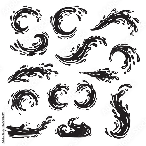 Black ink splashes and waves water waves liquid motion