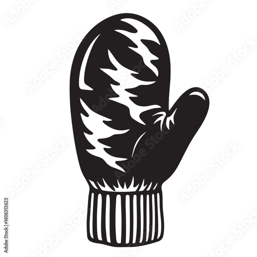 Black mitten with white abstract pattern vintage Art glove winter