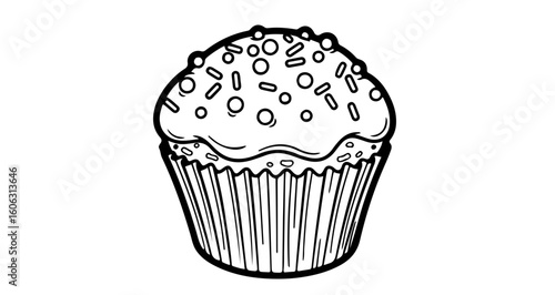 Delicious cupcake drawing with sprinkles vector illustration for coloring book and bakery design use