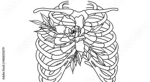 Ribcage anatomy with floral design drawing illustration for medical art and tattoo design inspiration