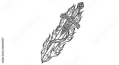 Flaming sword vector art illustration design element for tattoo or logo with celtic knot and fantasy theme