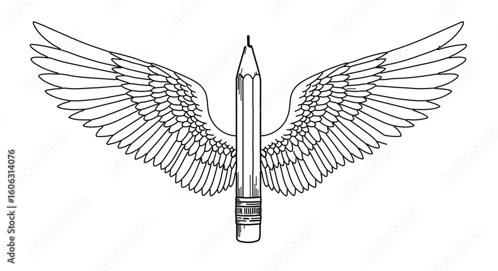Fototapeta premium Flying pencil with wings drawing vector illustration for creative writing and design concepts icon art 100