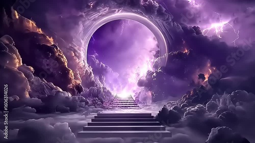 Mystical portal to another dimension with dramatic clouds and stairway to heaven