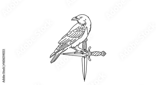 Raven perched on dagger tattoo design vector art illustration gothic bird outline drawing raven symbol