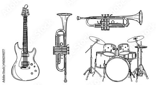 Musical instruments vector illustration featuring guitar trumpet and drums for music enthusiasts and bands