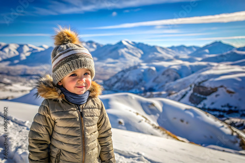 A child stands in a warm jacket and hat, enjoying the snowy landscape of Sierra Nevada Ski Resort in Granada. The winter scene exhibits natural beauty and leisure