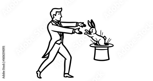 Magician performing rabbit trick illustration for magic show entertainment and stage performance art design